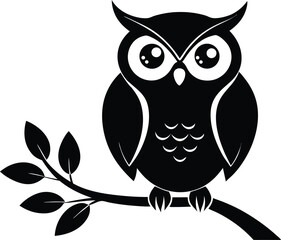 Owl with a tree branch silhouette, 
Elegant owl perched on a tree branch vector illustration