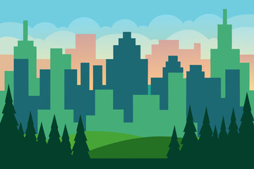Urban Skyline at Sunrise Cityscape Illustration with Green Hills and Pine Trees