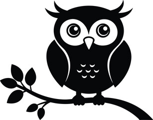 Fototapeta premium Owl with a tree branch silhouette, Elegant owl perched on a tree branch vector illustration