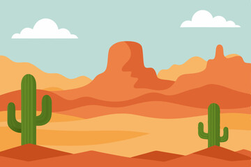 Hot Arizona desert landscape vector illustration with a cactus at sunset