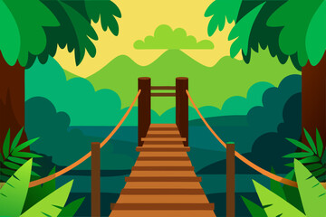 A vibrant vector illustration of a tropical island landscape with a winding wooden path through the forest, leading to a serene beach under a summer sky with clouds