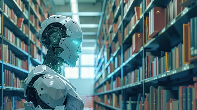 Futuristic robot in a library