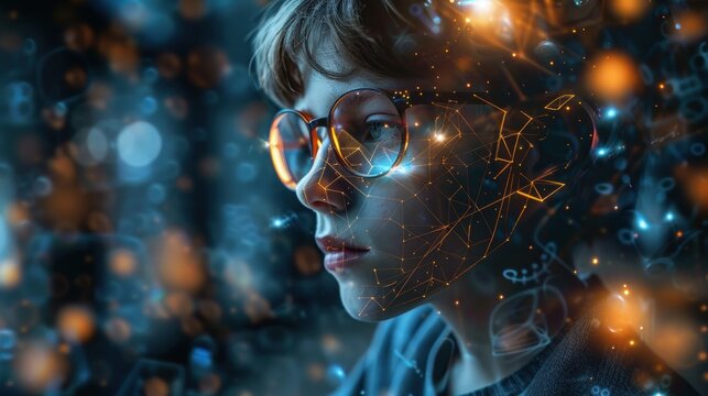 Child with futuristic overlay, thoughtful