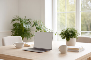 Fototapeta premium cozy scandinavian home office featuring laptop surrounded by lush green plants
