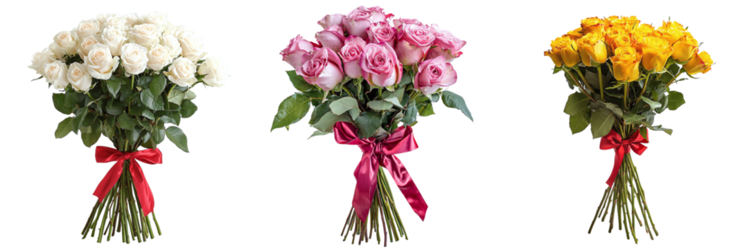 Set of different beautiful bouquets of roses isolated on transparent background PNG - Powered by Adobe
