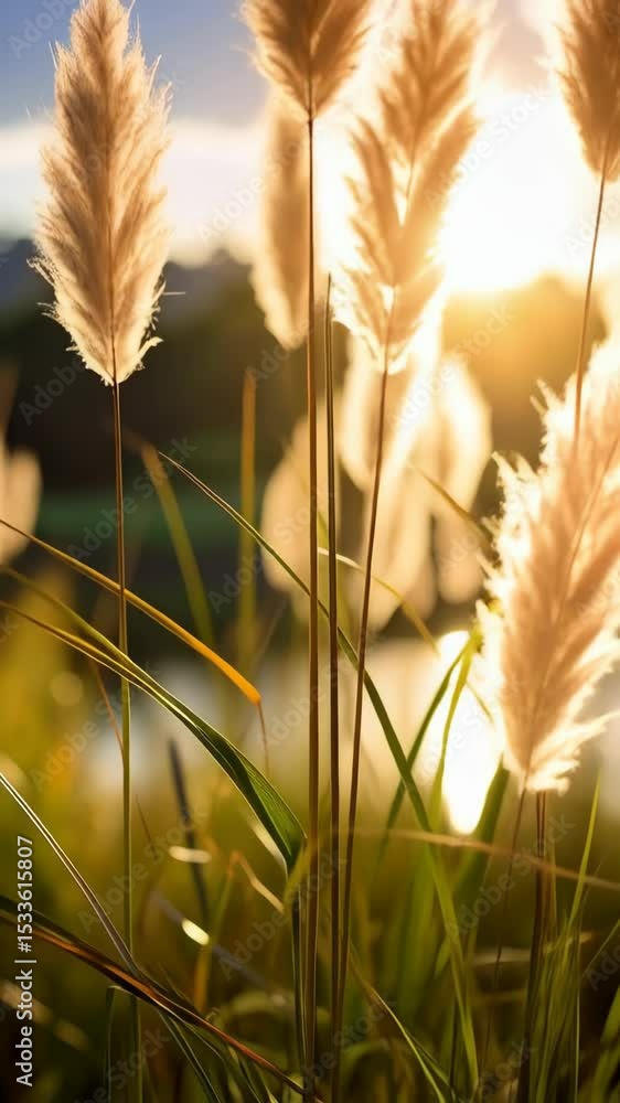 Poster golden hour view of pampas grass with a soft bokeh background of a lake and trees creating a peacefu