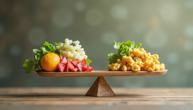 A balanced diet concept with fresh fruits and snacks on a wooden scale, healthy eating