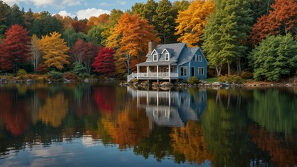 Fototapeta premium Autumn landscape with a rural house by the lake, reflecting yellow trees in the park