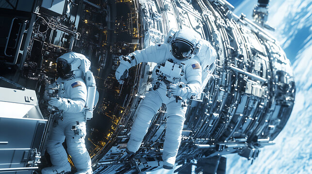 Astronauts Performing Spacewalk Outside a Large Space Station