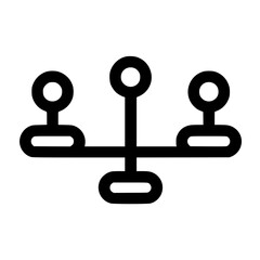 Simple black and white icon depicting balance, with three connected figures.