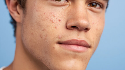 Close up of young man with acne and skin blemishes showing natural skin condition and facial imperfections