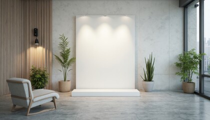 Minimalist interior featuring a blank white canvas with plants and chair in contemporary style.