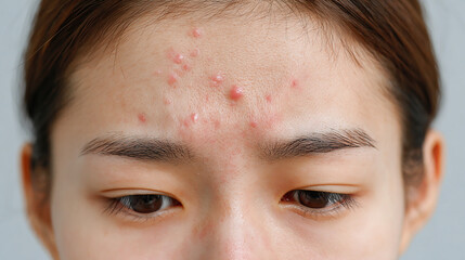Close up of young person with severe acne and skin inflammation showing detailed facial skin condition and natural skin texture