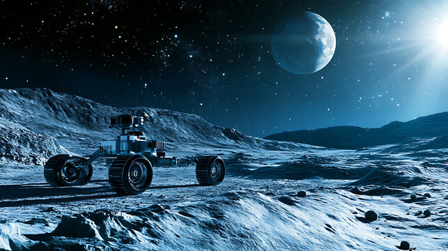 Lunar Rover on Moon Surface with Earth in Background