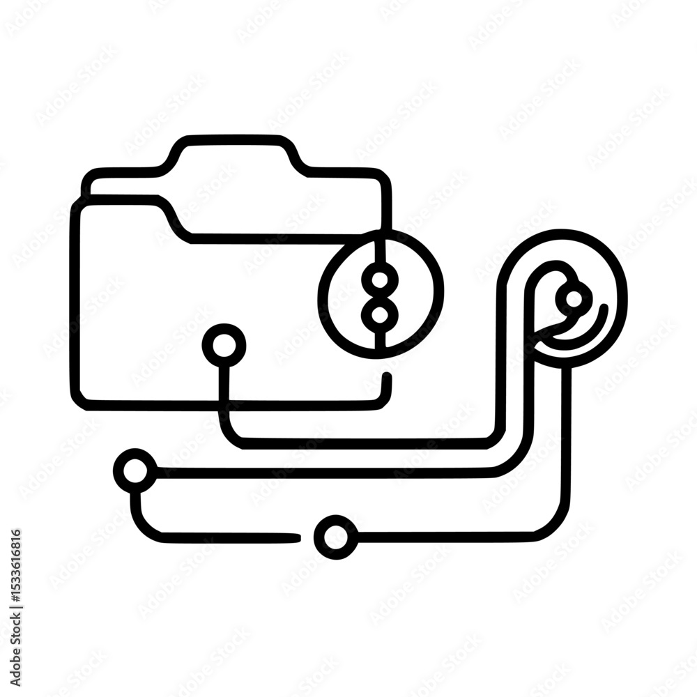 Poster a stylized line art illustration showing a folder connected to a lightbulb and a person icon, repres