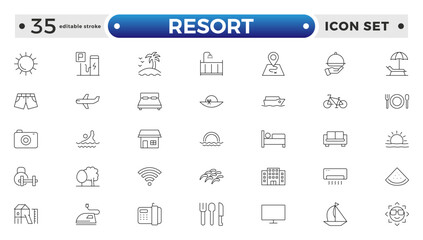 Resort Hotel web icons in outline style. Wellness, beach, tourism, hotel, passport, maps, spa, landscape, camera. Icon collection. Editable stroke outline icon.
