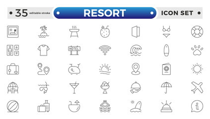 Resort Hotel web icons in outline style. Wellness, beach, tourism, hotel, passport, maps, spa, landscape, camera. Icon collection. Editable stroke outline icon.

