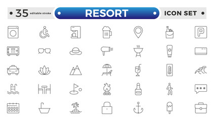 Resort Hotel web icons in outline style. Wellness, beach, tourism, hotel, passport, maps, spa, landscape, camera. Icon collection. Editable stroke outline icon.
