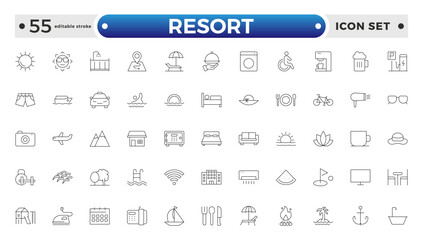 Resort Hotel web icons in outline style. Wellness, beach, tourism, hotel, passport, maps, spa, landscape, camera. Icon collection. Editable stroke outline icon.
