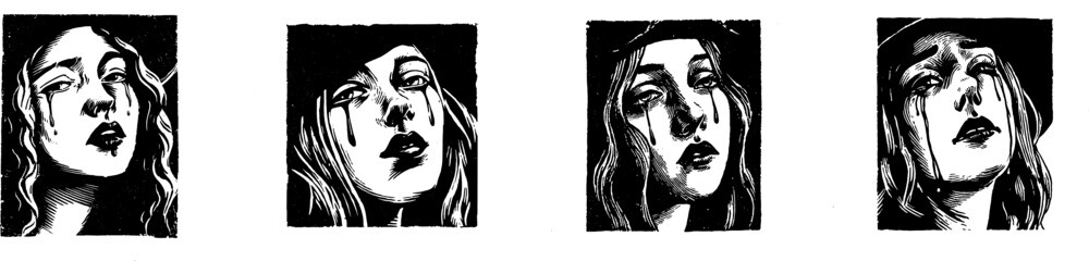 Crying young witch portrait, woodcut-inspired style, black linework for t-shirt print, medieval occult