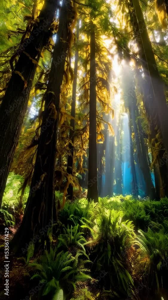 Poster sunlight filtering through a forest canopy with tall trees and lush ferns, creating a serene and mys
