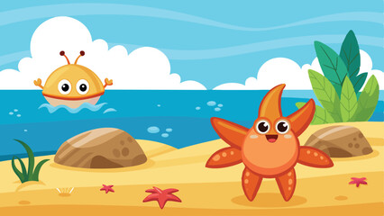 Cartoon beach scene with smiling starfish and aquatic creature with transparency