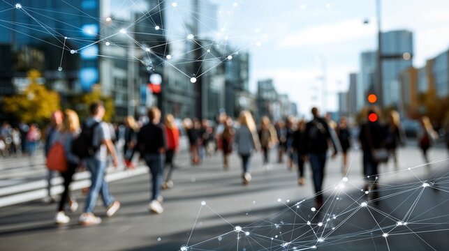 Blurred crowd walking in city street with digital network overlay - urban connectivity and data