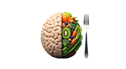 A brain split in half with vegetables and fruits next to a fork on a black background studio shot