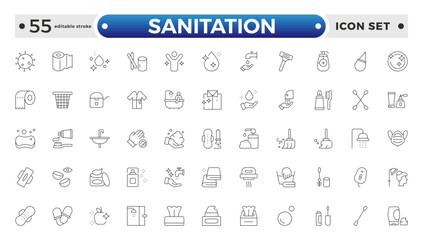 Sanitation web icon collection. Includes thin line men, sponge, hand, cleaning, dust, wash, and more. Outline icon collection. Editable stroke outline icon.
