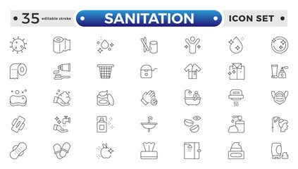 Sanitation web icon collection. Includes thin line men, sponge, hand, cleaning, dust, wash, and more. Outline icon collection. Editable stroke outline icon.

