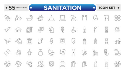 Sanitation web icon collection. Includes thin line men, sponge, hand, cleaning, dust, wash, and more. Outline icon collection. Editable stroke outline icon.
