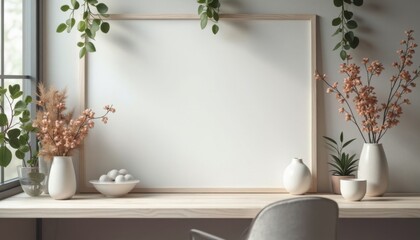 A serene gigapixel image of a blank canvas adorned with vases and decorative floral elements.