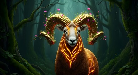 Surreal Ram Portrait With Gold-Infused Horns and Botanical Adornments in a Dark Forest Setting