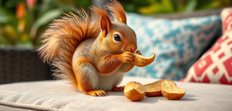 A fluffy squirrel daintily eats a peanut on a patio sofa cushion, outdoor,  sunshine
