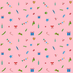Seamless watercolor pattern. Hand drawn Christmas tree decorations, ribbons, fir branches, candies isolated on pink background. Design for wrapping paper.