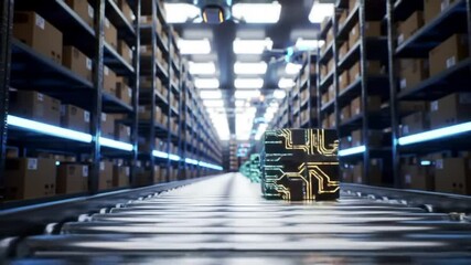 Futuristic Automated Warehouse with AI Circuit Boxes on Conveyor Belt and Drones, Modern Smart Logistics Technology and Data Management - Powered by Adobe