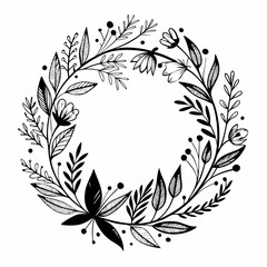 Elegant laurel wreath vector illustration on white, featuring a seamless floral leaf pattern and vintage branch design elements