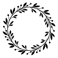 Black and white laurel wreath vector illustration with floral leaf and swirl ornament for vintage design element and tattoo decoration