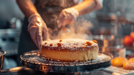 Chef dusting a freshly baked cake with powdered sugar