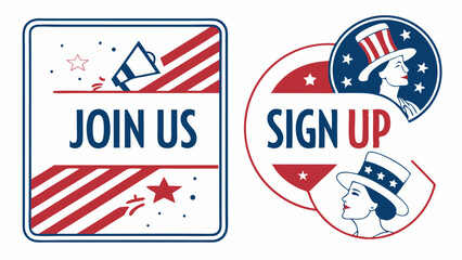 Illustration of join us and sign up badges with patriotic theme featuring stripes, stars, and a woman