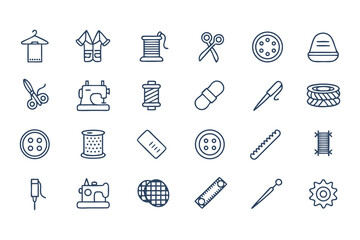 Knitting, Crocheting and Sewing Icon Set. Collection of Line Art Icons Including Yarn, Needles, Scissors, Sweaters, Buttons, and More  Elements Vector Illustration on White Background