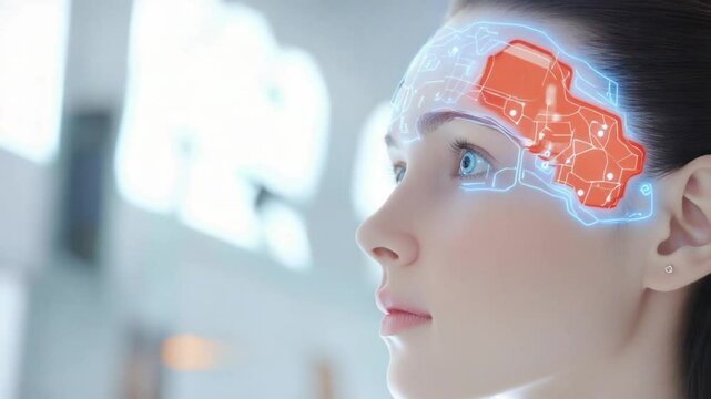 Mindscape: A woman gazes into the future, her mind illuminated by intricate digital mapping