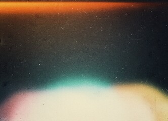 Film leak light overlay texture background with neon and iridescent stripes. grainy lens flare effect, film grain texture, camera film filter with bokeh noise. Laser beam strip