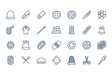 Knitting, Crocheting and Sewing Icon Set. Collection of Line Art Icons Including Yarn, Needles, Scissors, Sweaters, Buttons, and More  Elements Vector Illustration on White Background