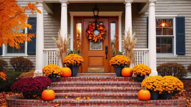 House with a porch decorated with pumpkins and flowers for Thanksgiving day. The porch has a wreath and a door with a gold trim