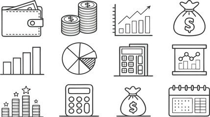 Minimal Business Icon Set Black & White Line Vectors of Briefcase, Graph, Handshake, Office Chair, Document, Presentation, Laptop, Calendar, Lightbulb & Growth Arrow.