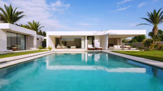 Moden luxury large white house with a pool in the backyard. The pool is surrounded by a lush green lawn