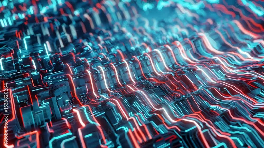 Poster Computer technology abstraction with connected hardware or data servers in neon lights of wires
