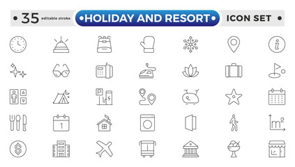 Holiday and Resort outline icon set. Summer travel icon set. holiday tour icons for app and website containing hotel sun camp mountain drink plane island. Editable stroke outline icon.
