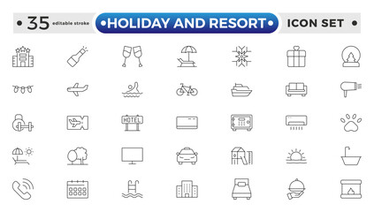 Holiday and Resort outline icon set. Summer travel icon set. holiday tour icons for app and website containing hotel sun camp mountain drink plane island. Editable stroke outline icon.
